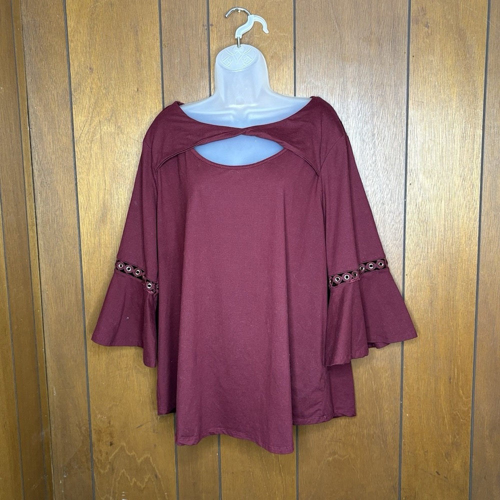 Whimsigoth Naïf Top Women 2X Burgundy Boho Fairy Festival Witchy Bell Sleeve Y2K